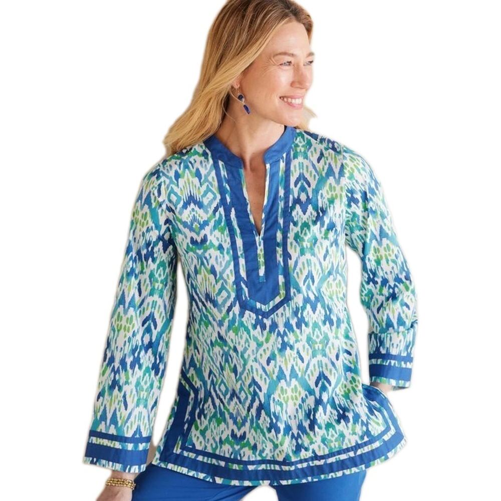 SOFT SURROUNDINGS Blue Green Kirti Ikat Tunic Poplin Split Neck Women's Medium